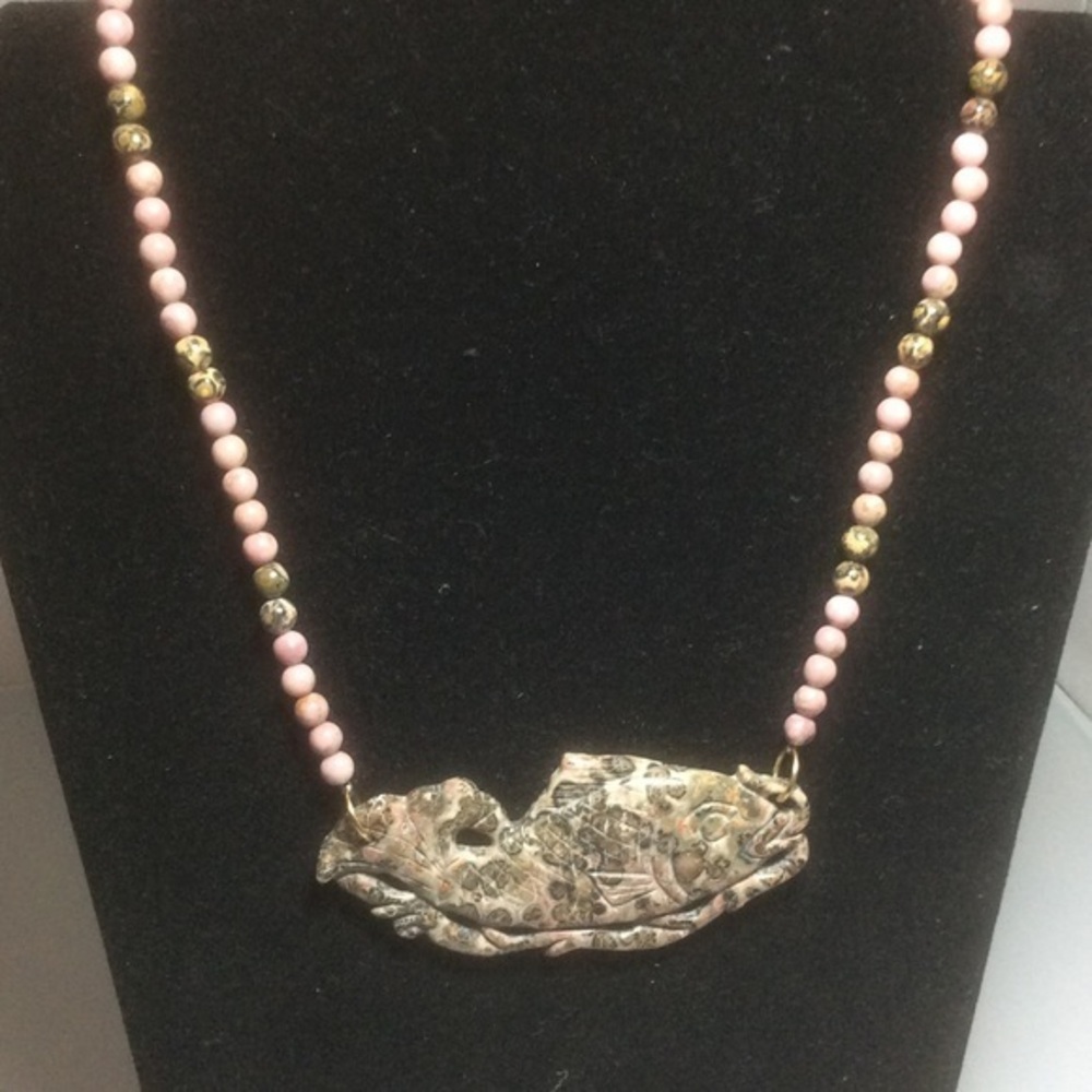 Pink Leopard Skin Jaspar Carved Fish Statement Necklace